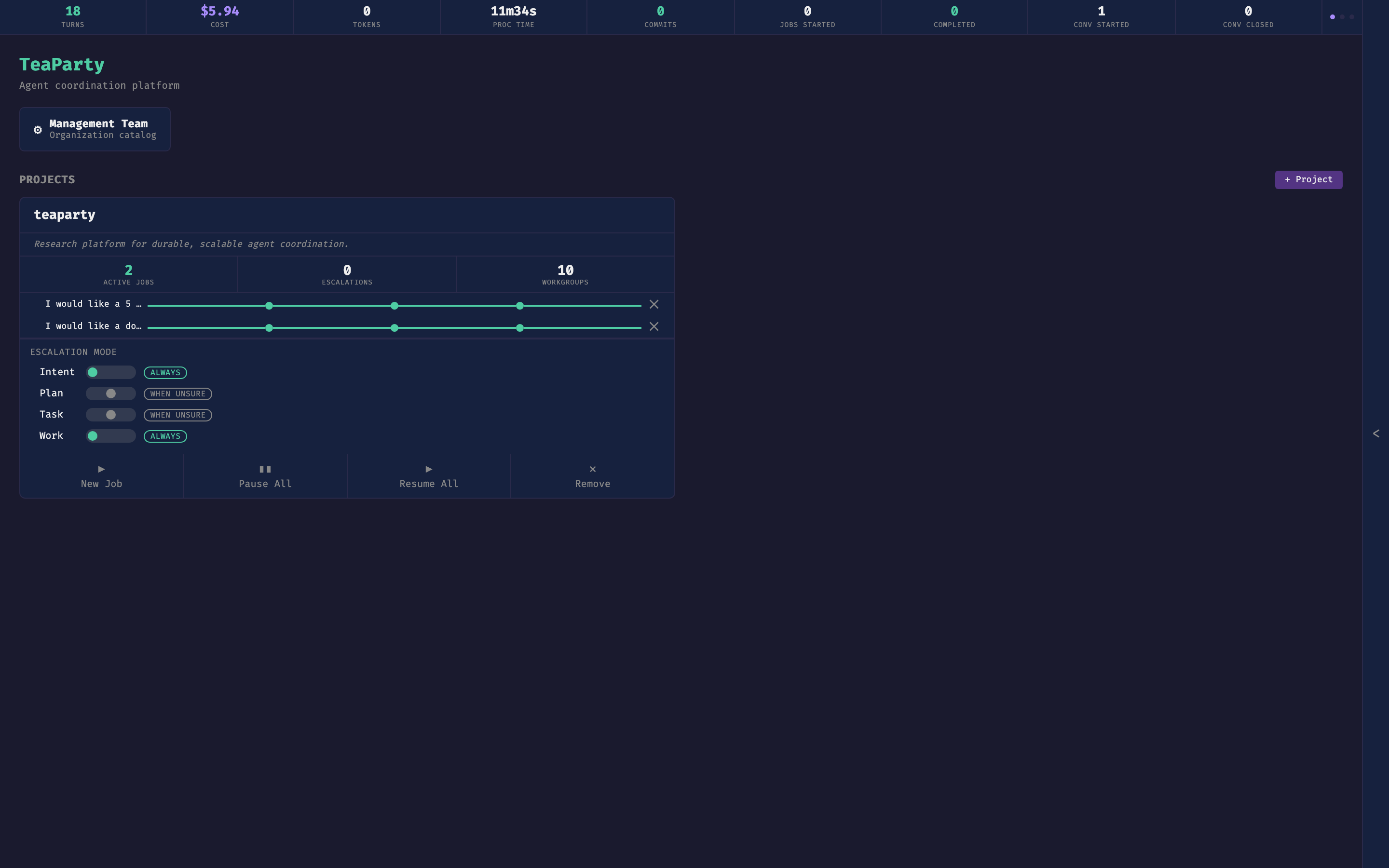 Dashboard home — project card, active jobs, escalation settings