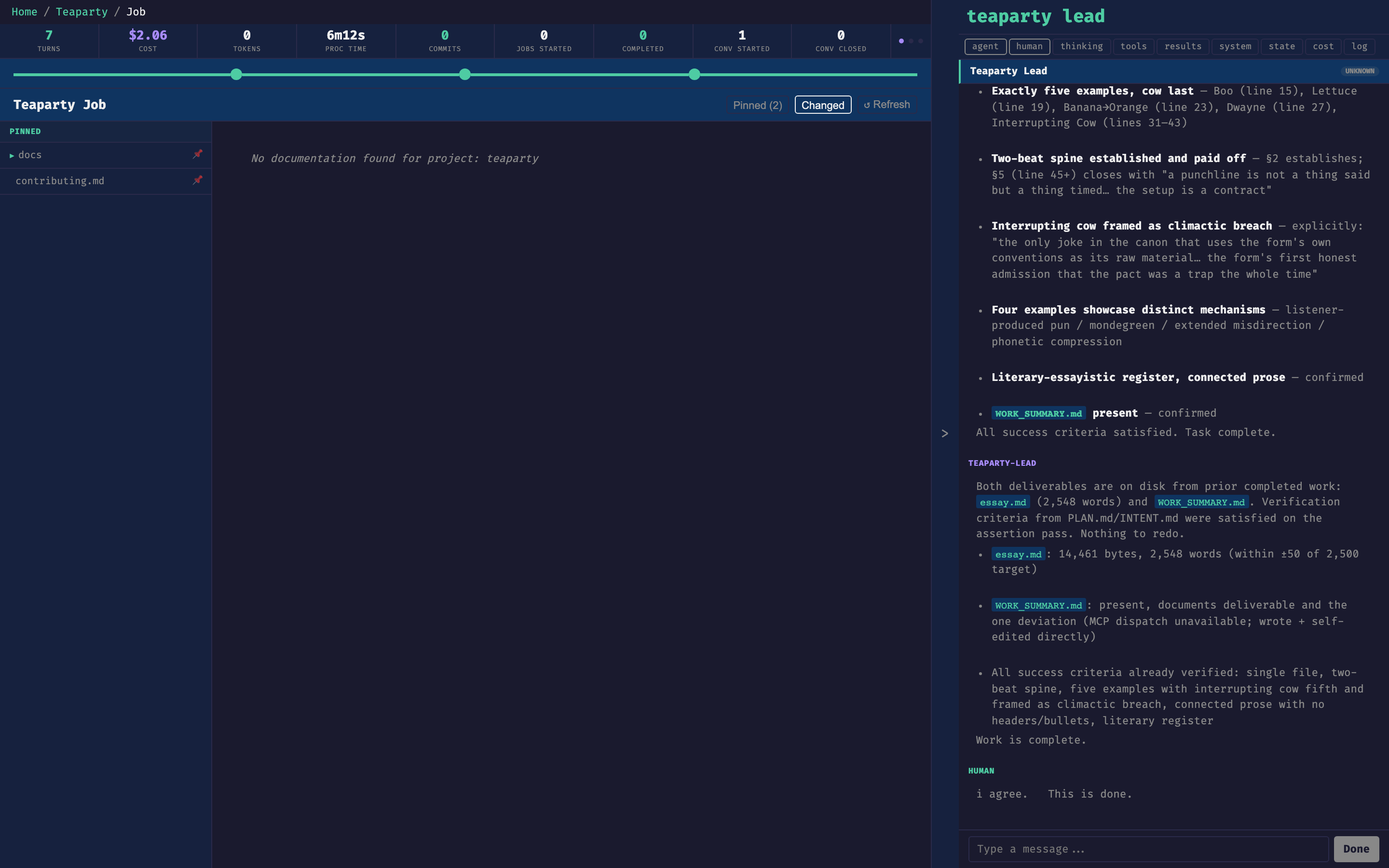Job detail with the project-lead chat open — completion review with a line-by-line acceptance list, followed by a human "i agree. This is done." and a Done button