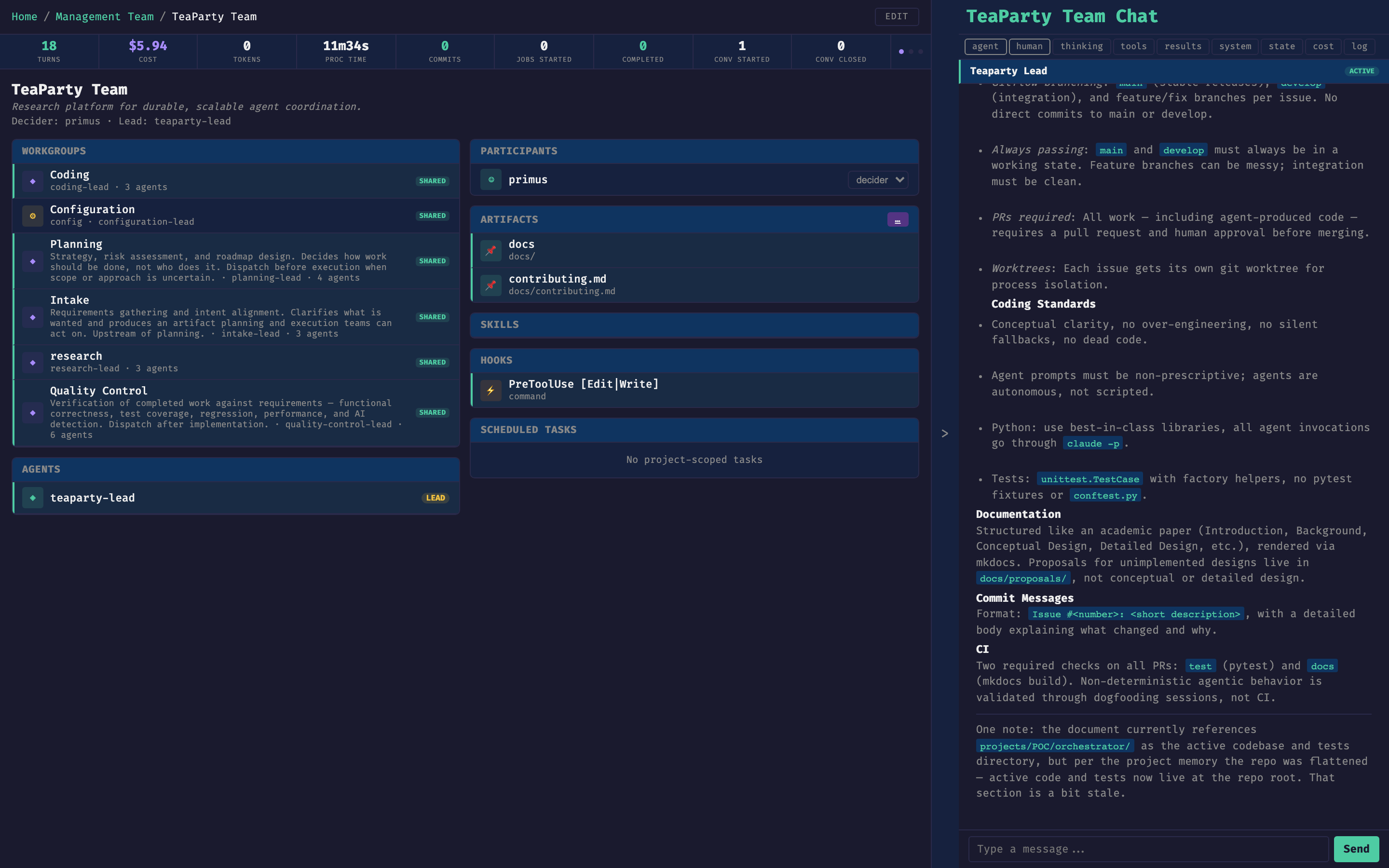 TeaParty Team catalog — project-scoped workgroups (Coding, Configuration, Planning, Intake, Research, Quality Control), the project lead, and the chat blade open to the project lead